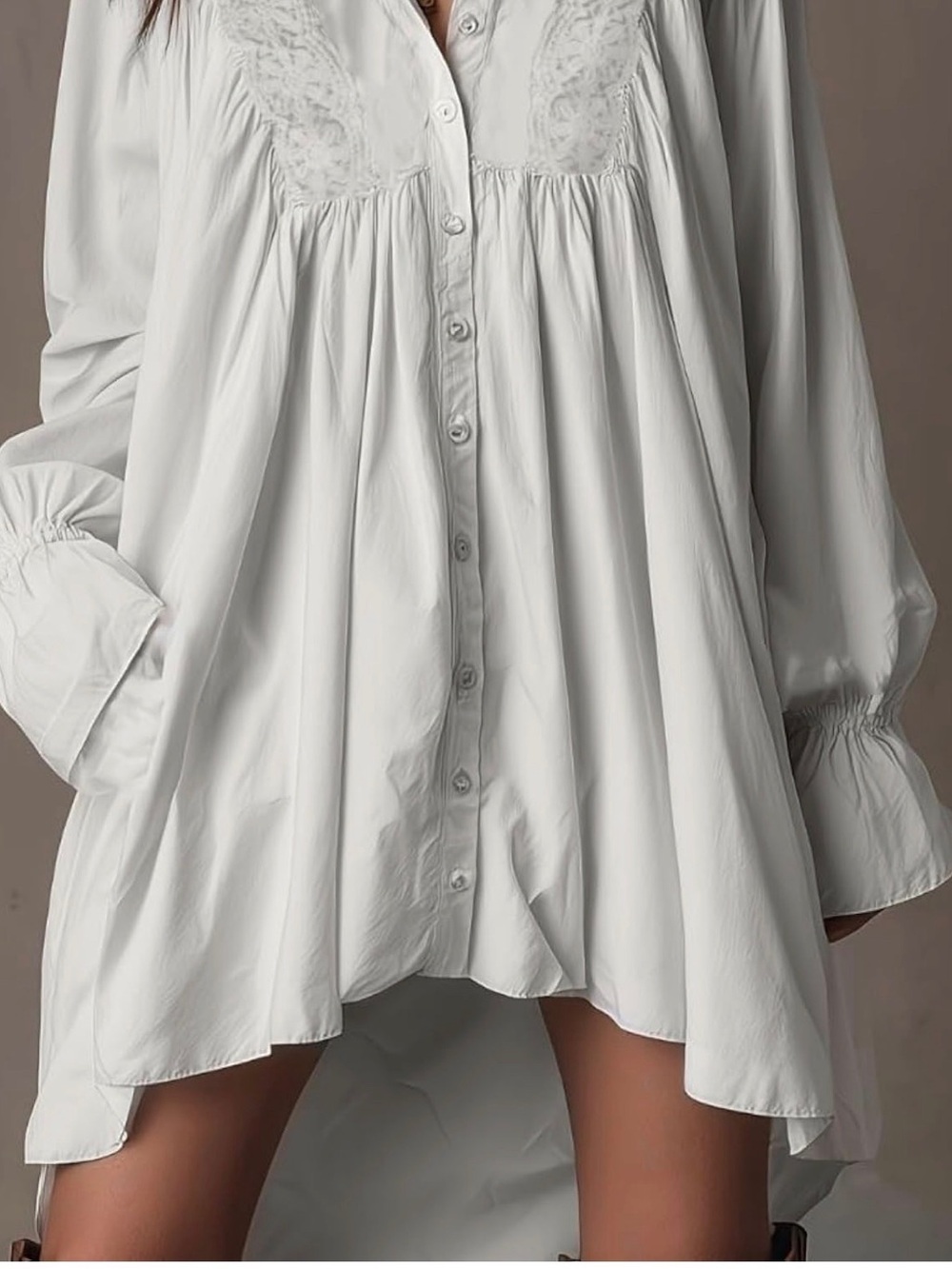 White High-Low Button Front Dress with Lace Yoke - Picture 5 of 8